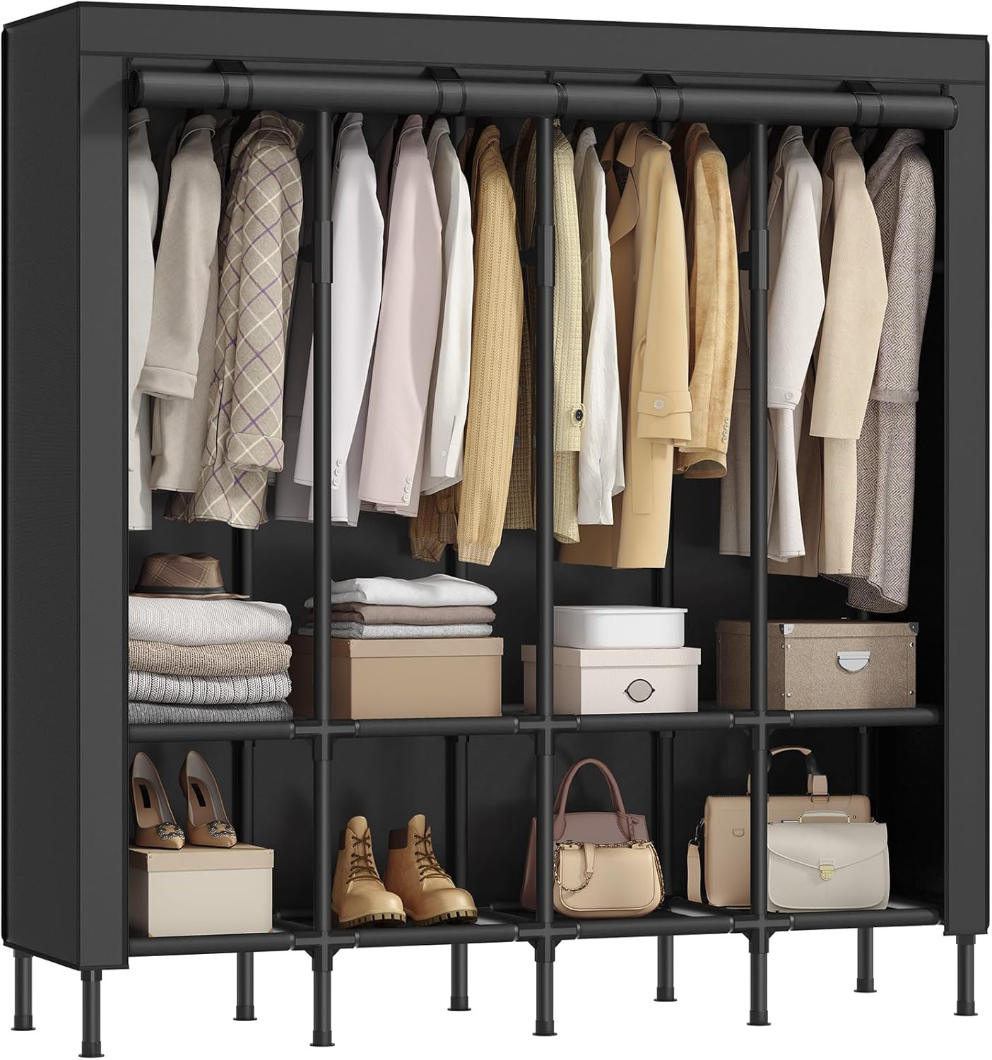 Ebern Designs Wardrobe Closet 67.3 Inch Large Capacity Portable Closet Clothing Rack 25 Mm Dia Thick Steel Tubes Clothes Organizer With Fabric Cover 4 Hanging Rails 8 Shelves Ink Black Wayfair